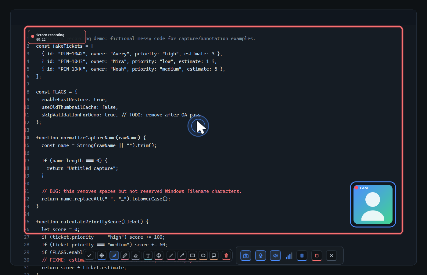 Pinaura recording controls and annotation toolbar over a code demo