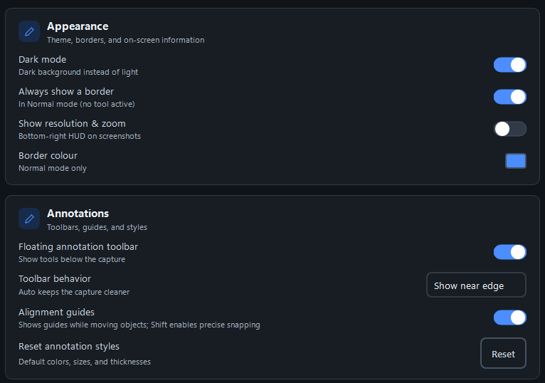 Pinaura appearance settings screenshot