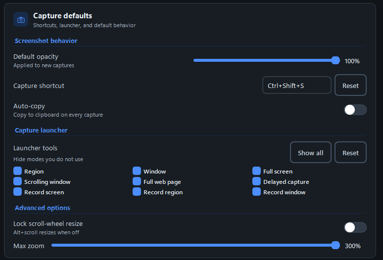 Pinaura capture settings screenshot